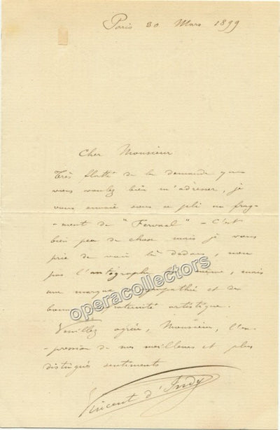 D´Indy, Vincent - Autograph Letter Signed