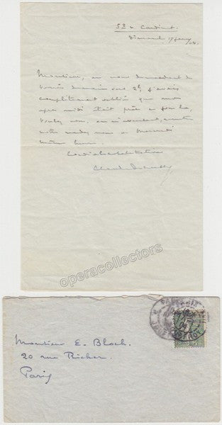 Debussy, Claude - Autograph Letter Signed with Envelope - To Ernest Bloch