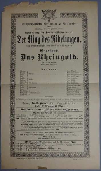 Der Ring des Nibelungen - 1-Das Rheingold at Karlsruhe Court Opera House Program 1888