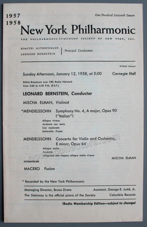 unknown elman mischa carnegie hall concert w bernstein ny phil program 1958 1