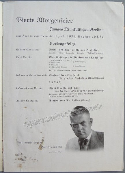 Elmendorff, Karl - 1939 Program conducting 3 world premieres!