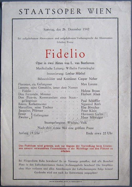 Furtwangler, Wilhelm - Fidelio - Staatsoper Program 1942 – Tamino
