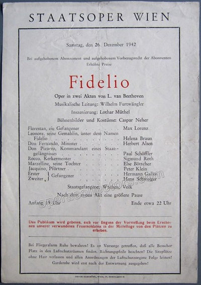 Furtwangler, Wilhelm - Fidelio - Staatsoper Program 1942