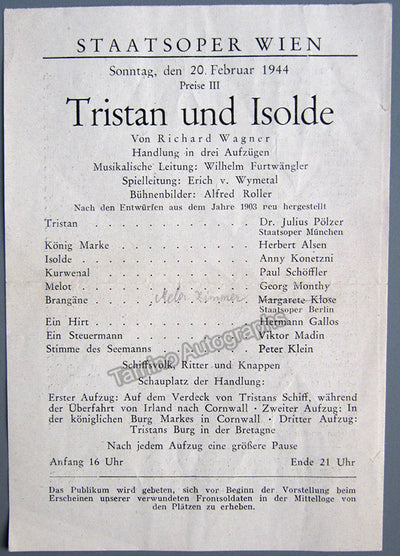 Furtwangler, Wilhelm - Tristan und Isolde - Staatsoper Program 1944