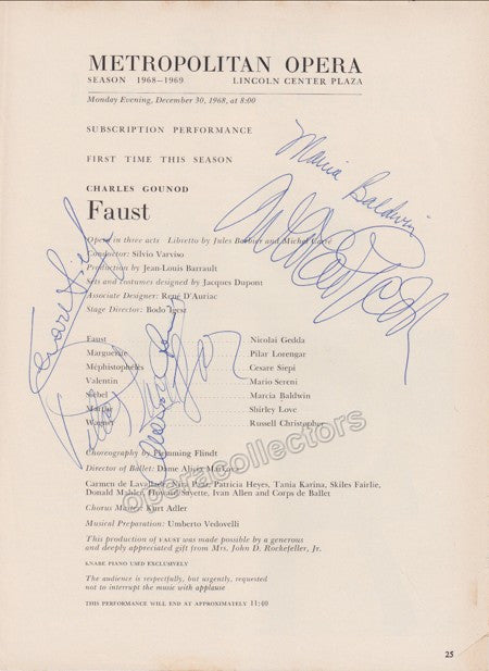 Gedda, Nicolai - Siepi, Cesare - Lorengar, Pilar - Baldwin, Marcia - Signed Cast Page Metropolitan Opera 1968