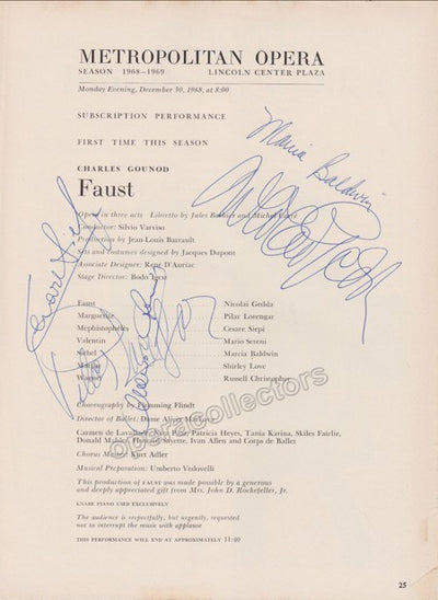 Gedda, Nicolai - Siepi, Cesare - Lorengar, Pilar - Baldwin, Marcia - Signed Cast Page Metropolitan Opera 1968