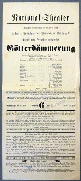 Gotterdammerung - National Theater Munich 1922 Playbill, Robert Heger