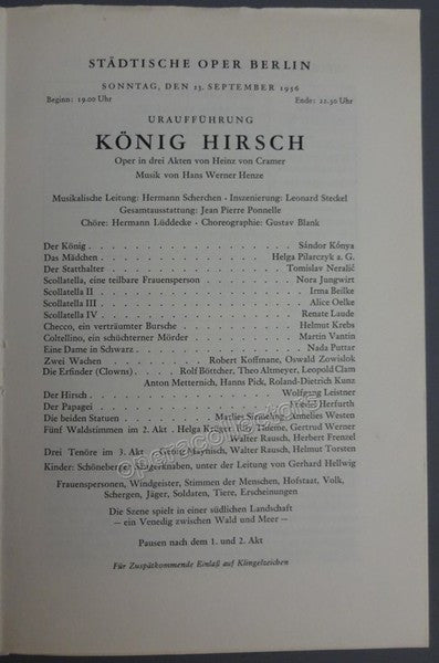 Henze, Hans - Scherchen, Hermann - World Premiere Program Konig Hirsch by Henze 1956