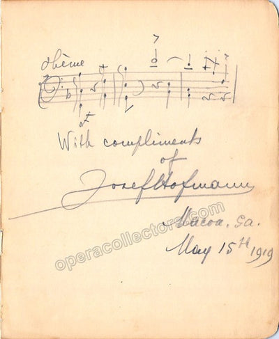 Hofmann, Josef - Autograph Music Quote Signed 1919 + Photo