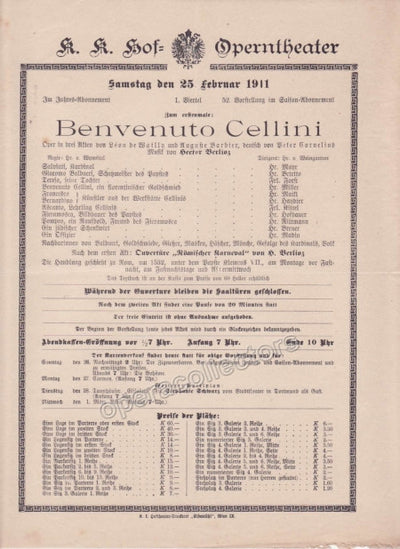 Imperial & Royal Court Opera Playbill - Benvenuto Cellini - Feb. 25th, 1911