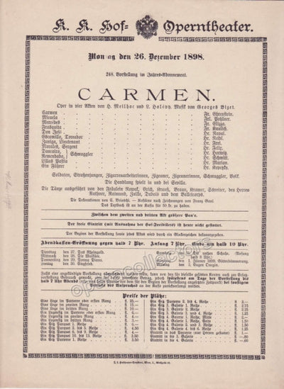 Imperial & Royal Court Opera Playbill - Carmen - Dec. 26th, 1898