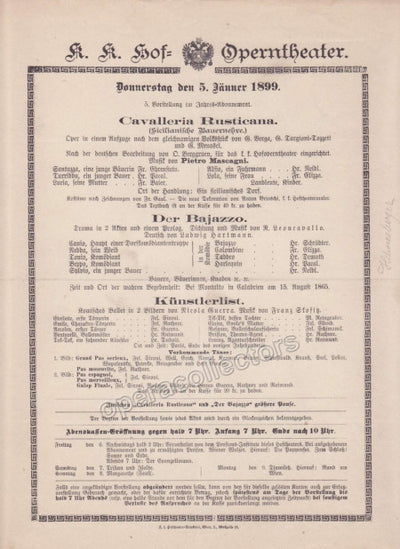 Imperial & Royal Court Opera Playbill - Cavalleria Rusticana, Pagliacci, Kunstlerlist - Jan. 5th, 1899