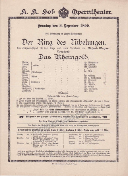 Imperial & Royal Court Opera Playbill - Das Rheingold - Dec. 3rd, 1899