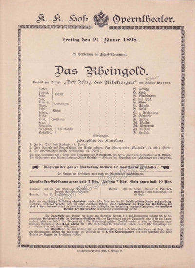 Imperial & Royal Court Opera Playbill - Das Rheingold - Jan. 21st, 1898