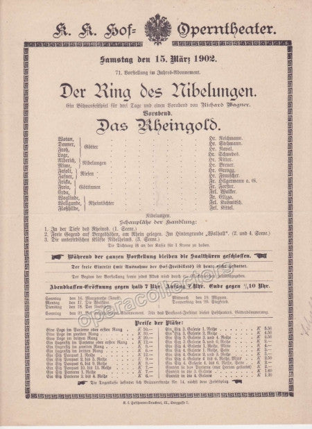 Imperial & Royal Court Opera Playbill - Das Rheingold - March 15th, 1902