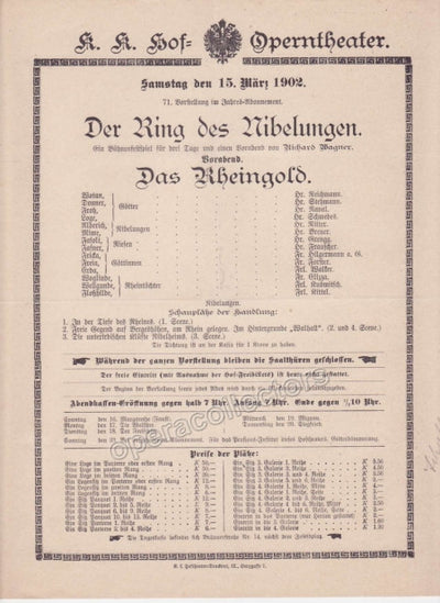 Imperial & Royal Court Opera Playbill - Das Rheingold - March 15th, 1902