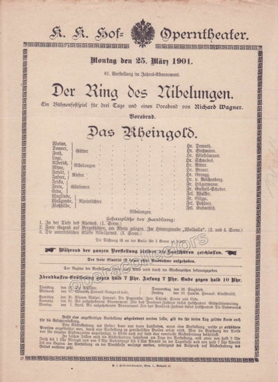 Imperial & Royal Court Opera Playbill - Das Rheingold - March 25th, 1901