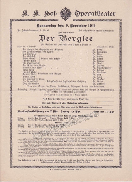 Imperial & Royal Court Opera Playbill - Der Berglee - Nov. 9th, 1911