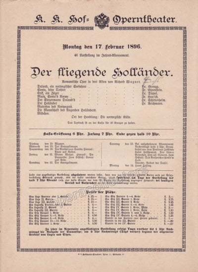Imperial & Royal Court Opera Playbill - Der Fliegende Hollander - Feb. 17th, 1896