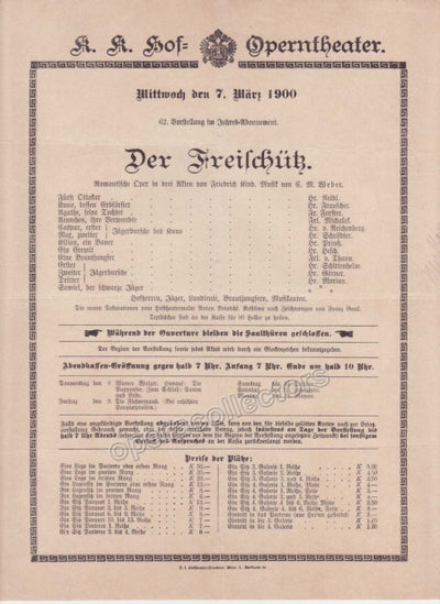 Imperial & Royal Court Opera Playbill - Der Freischutz - March 7th, 1900
