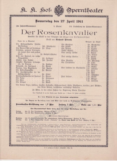Imperial & Royal Court Opera Playbill - Der Rosenkavalier - Apr. 27th, 1911