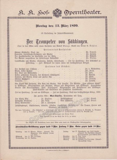 Imperial & Royal Court Opera Playbill - Der Trompeter von Sakkingen - March 13th, 1899