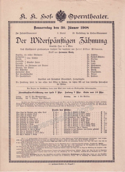 Imperial & Royal Court Opera Playbill - Der Widerspaenstige Zaehmung - Jan. 30th, 1908