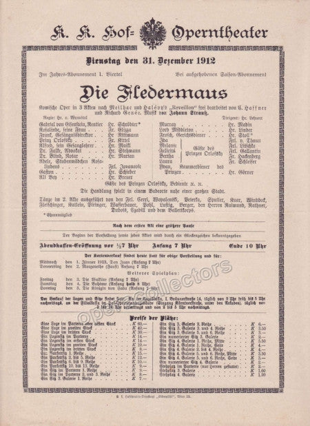Imperial & Royal Court Opera Playbill - Die Fledermaus - Dec. 31st, 1912