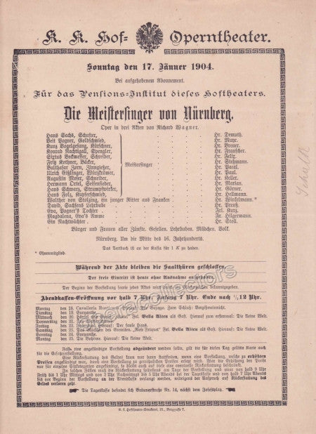 Imperial & Royal Court Opera Playbill - Die Meistersinger von Nurnberg - Jan. 17th, 1904