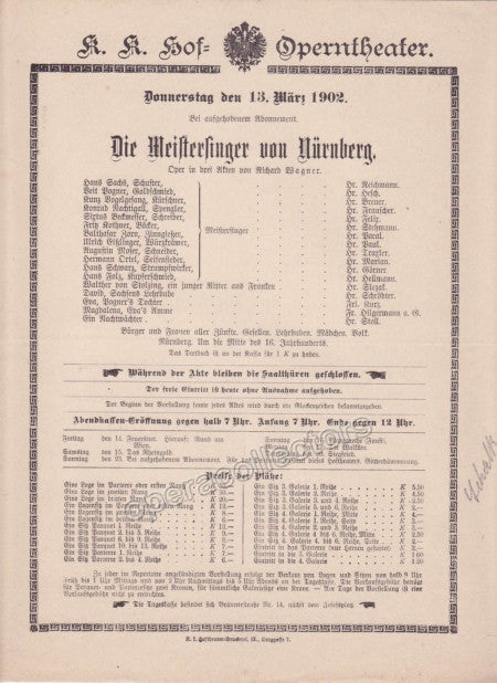 Imperial & Royal Court Opera Playbill - Die Meistersinger von Nurnberg - March 13th, 1902