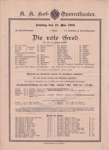 unknown imperial royal court opera playbill die rote gred may 10th 1908 1