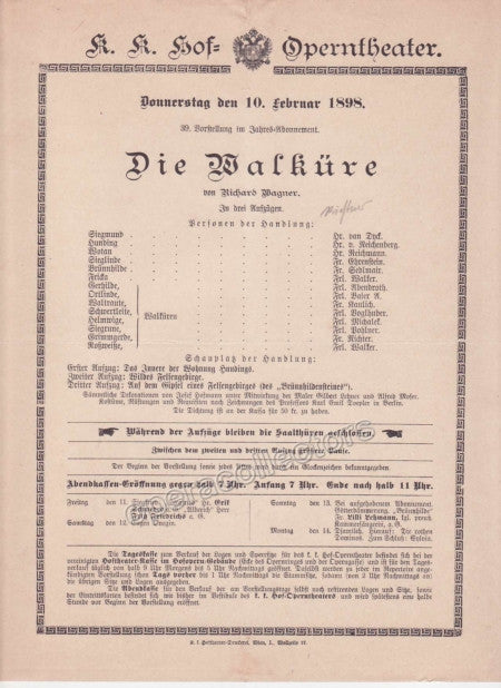 Imperial & Royal Court Opera Playbill - Die Walkure - Feb. 10th, 1898