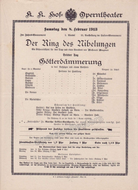 Imperial & Royal Court Opera Playbill - Gotterdammerung - Feb. 8th, 1913
