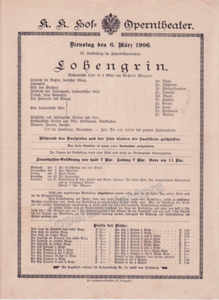 unknown imperial royal court opera playbill lohengrin march 6th 1906 1
