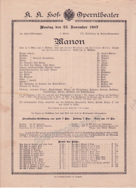 Imperial & Royal Court Opera Playbill - Manon - Nov. 25th, 1907