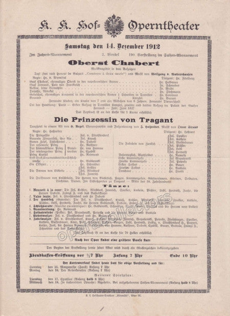 Imperial & Royal Court Opera Playbill - Oberst Chabert - Die Prinzessin von Tragant - Dec. 14th, 1912