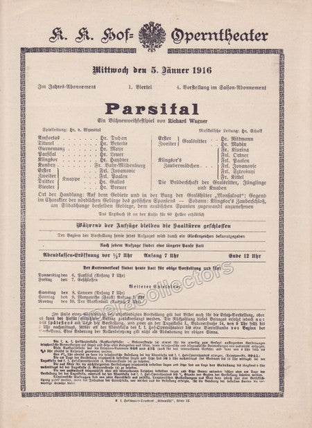 unknown imperial royal court opera playbill parsifal jan 5th 1916 1