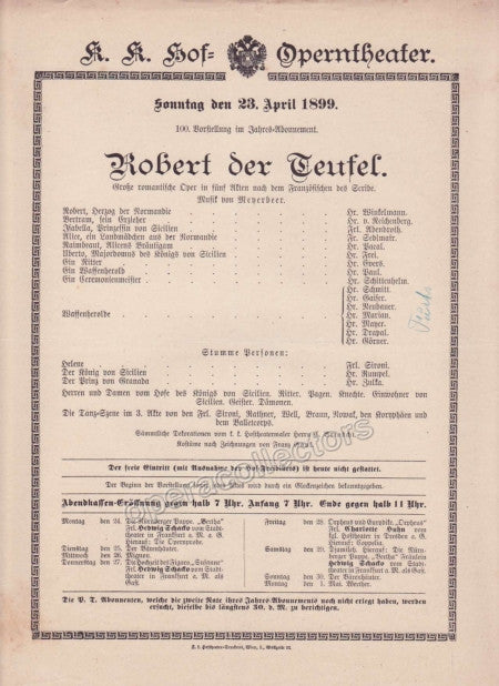 Imperial & Royal Court Opera Playbill - Robert Le Diable - Apr. 23rd, 1899