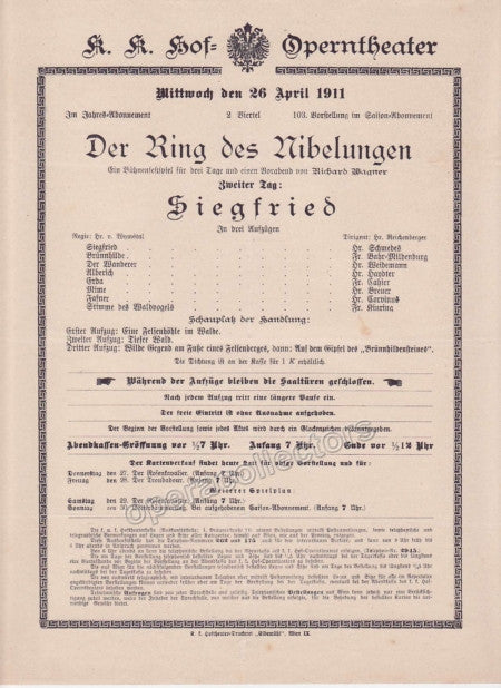 Imperial & Royal Court Opera Playbill - Siegfried - Apr. 26th, 1911