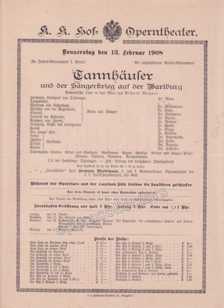 Imperial & Royal Court Opera Playbill - Tannhauser - Feb. 13th, 1908