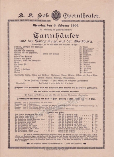 Imperial & Royal Court Opera Playbill - Tannhauser - Feb. 6th, 1906