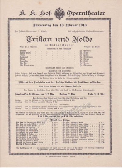 Imperial & Royal Court Opera Playbill - Tristan und Isolde - Feb. 13th, 1913