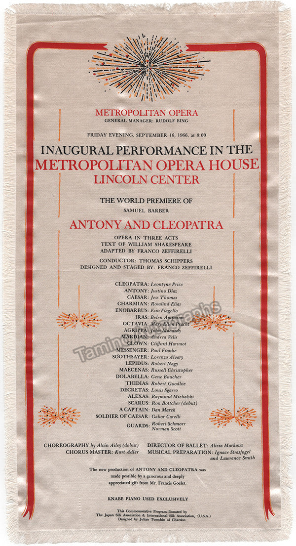 Inaugural Performance in the Met Opera House - World Premiere Antony and Cleopatra - Silk Program 1966!