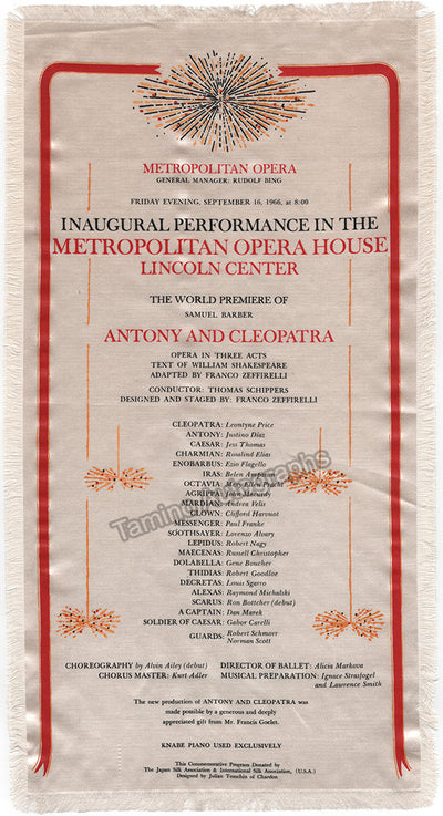 Inaugural Performance in the Met Opera House - World Premiere Antony and Cleopatra - Silk Program 1966!