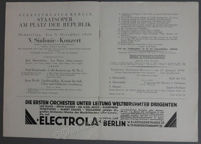 Klemperer, Otto - Lindberghflug by Kurt Weil - World Premiere Program 1929