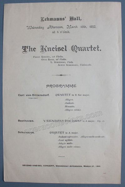 Kneisel Quartet - Concert Program 1892