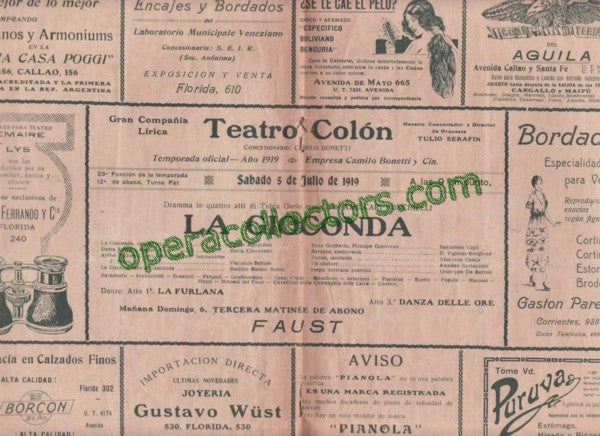 LA GIOCONDA - Teatro Colon program 1919 - Beniamino Gigli. Conductor: Tullio Serafin
