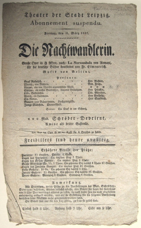 unknown la sonnambula early german playbill 1837 1