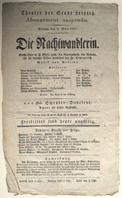 La Sonnambula - Early German Playbill 1837 !