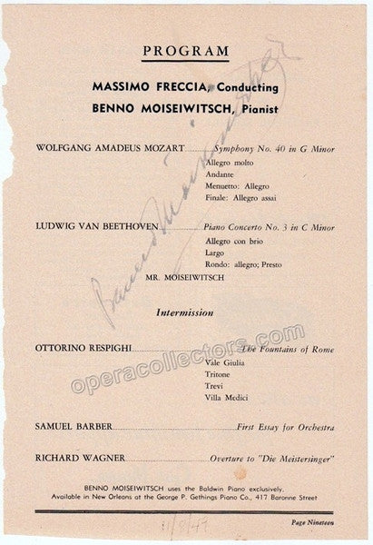 Moiseiwitsch, Benno - Signed Page Program New Orleans 1949